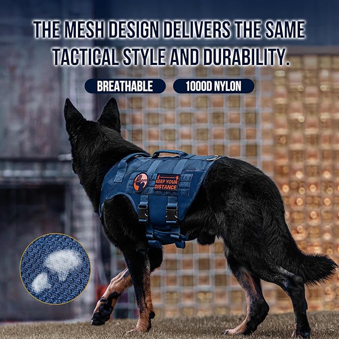 OneTigris Tactical Dog Harness for Small Medium Large Dog, Mesh Design Service Dog Vest Breathable Military Dog Molle Vests with Handles, Harness for Walking Hiking Training (Blue, L)