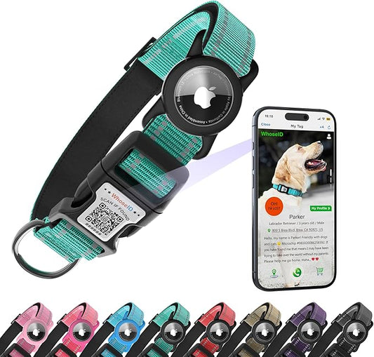 Dog Collar with QR Code, Reflective Dog Collar, Soft Neoprene Padded & Safety Locking Buckle Adjustable Pet Collar (Teal, M-with Airtag Holder)