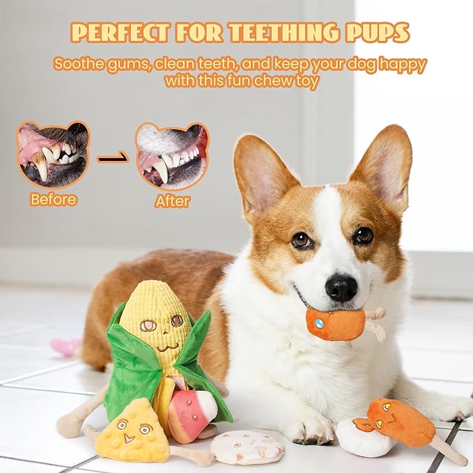 Nocciola Squeaky Crinkle Corn Dog Toys: Plush Stuffed Yellow Pet Chew Toys for Small Medium Breeds Teething, Cute Interactive Cognitive Burrow Digging Hide and Seek Puzzle Puppy Supplies, 7 Packs