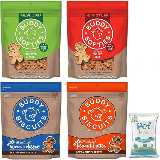 Pet Faves Buddy Biscuits Soft & Chewy Treats for Small & Large Dogs, Grilled Beef, Roasted Chicken, Bacon & Cheese Peanut Butter with 10ct Wipes (2 Grain Free 5oz, 2 Healthy Whole Grain 6oz)