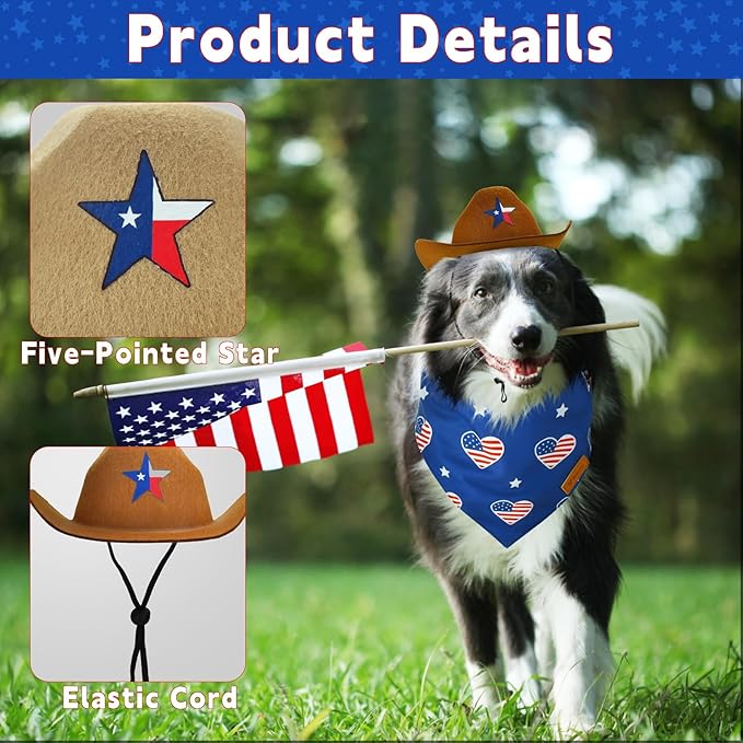 Vehomy 4th of July Pet Dog Costume - Dog Cowboy Hats with Star Décor Independence Day Dog Bandanas with American Flag Pattern 4th July Pet Hat and Scarf Outfit for Dogs Cats (4Pcs)