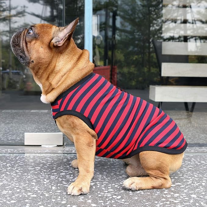 iChoue Pug 100% Breathable Cotton Striped T Shirts Halloween Vest Clothes for Medium Dogs Tank Tops Puppy French Bulldog Frenchie English Boston Terrier Pitbull Red Blue Stripes - Small