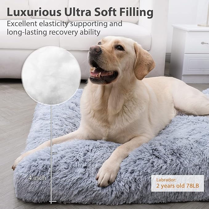 Washable Extra Large Dog Bed with Removable Cover, Super Soft Waterproof Dog Crate Bed with Non-Slip Bottom, Fluffy Pet Bed 48×29 Inch, Grey