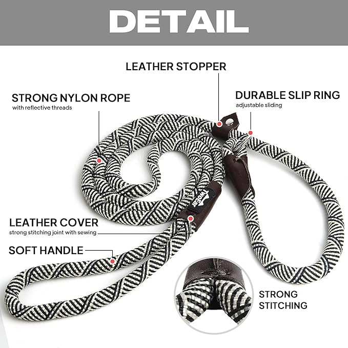 TwoEar Dog Slip Rope Leash - 6FT Heavy Duty Training Leash with Reflective Threads for Small to Large Dogs (Slim 3/8''x6ft, Grey)