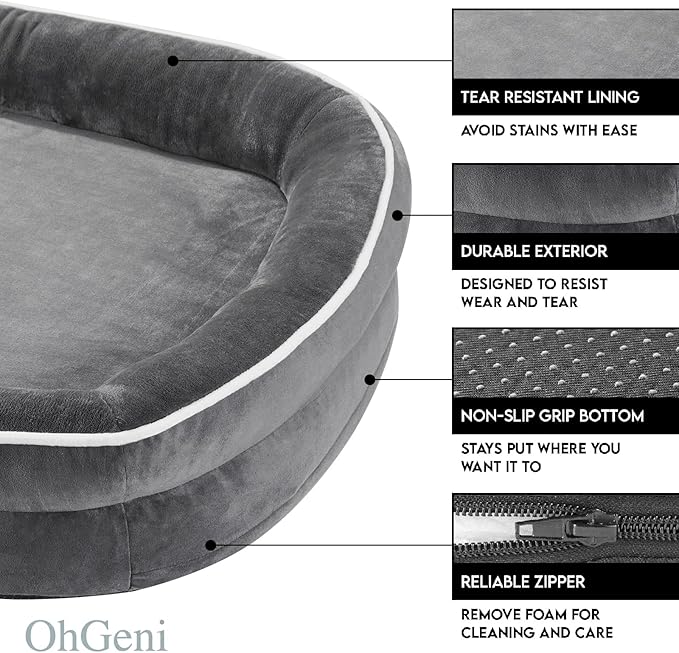 OhGeni Orthopedic Dog Couch Medium Sized Pet Beds for Fathers Gifts with Comfort Foam Support, Soft Indestructible Fabric, Machine Washable Waterproof Removable Cover, 28-Inch (Gray)