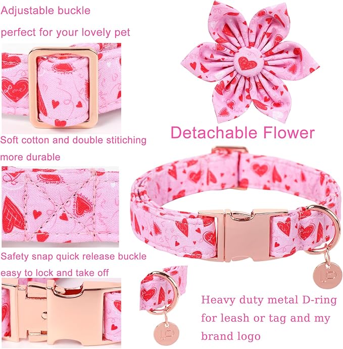 Valentine Dog Collar with Flower, Heart Flower Collar for Puppy Girl Boy Dog or Cat, Comfortable Dog Collar Flower with Durable Metal Buckle, Cute Pet Collar, L