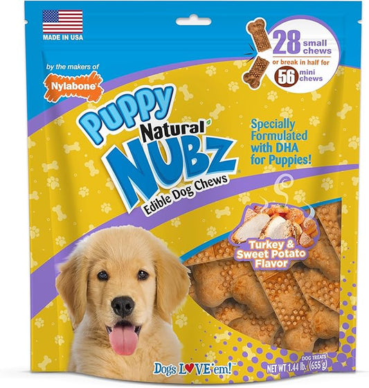 Nylabone Nubz Natural Edible Dog Chew Treats for Puppies, Long Lasting Dog Bones Made in USA, Turkey & Sweet Potato Flavor, for Puppies Up to 25 lbs. (28 Count)