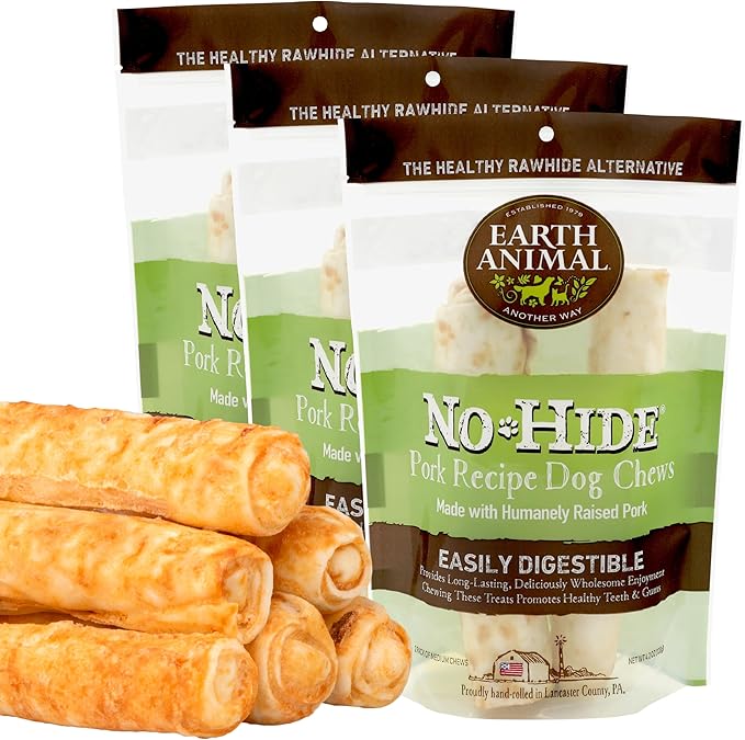 Earth Animal No Hide Medium Pork Flavored Natural Rawhide Free Dog Chews Long Lasting Chew Sticks | Treats for Large Dogs | Great for Aggressive Chewers (3 Pack)