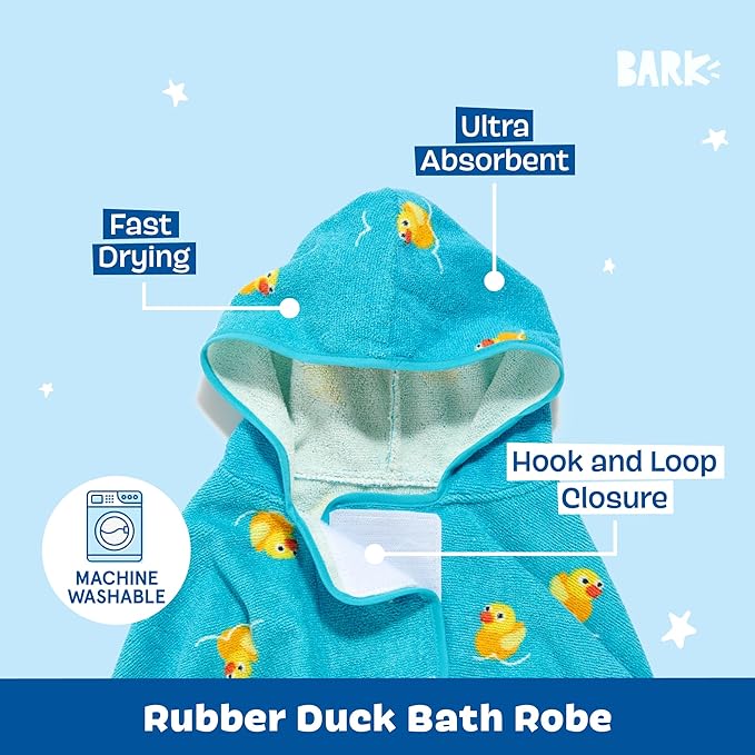 Barkbox Dog Bathrobe Fast Drying with Hook and Loop Closure & Wrap Tie Snuggle, Cute Dogs Clothes, Easy to Clean, Machine Washable, Dog Coats and Tumble Dry Low - Rubber Duck, Small