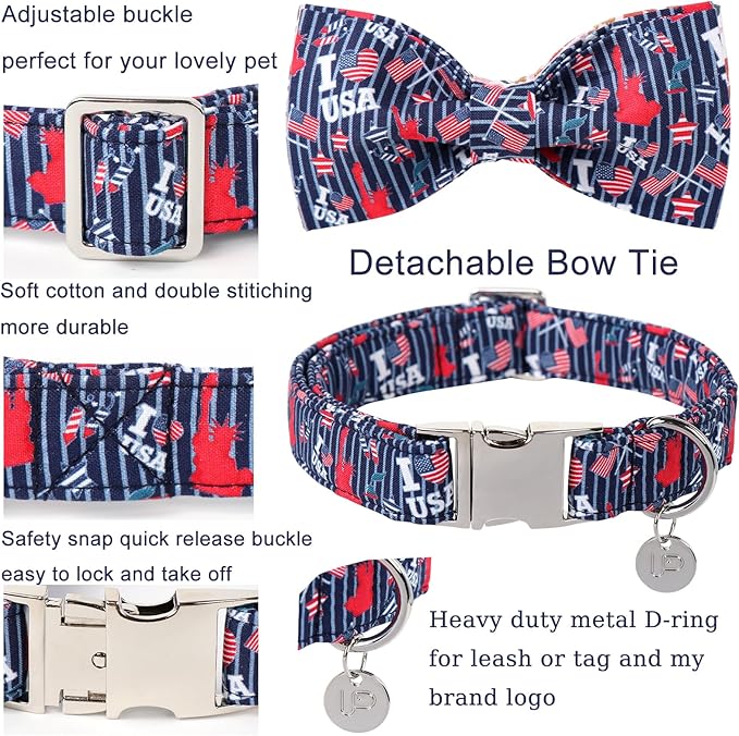 American Flag Dog Collar with Bow Tie, 4th of July Comfortable Cotton Cute Dog Collar with Metal Buckle, Patriotic Bowtie Collar for Puppy Girl Boy Dog or Cat, XS