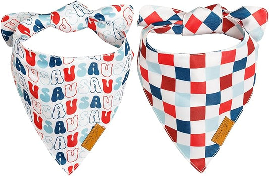 Remy+Roo Small 4th of July Dog Bandanas - 2 Pack USA Set | Premium Durable Adjustable Polyester Fabric | Patented Shape Dog Bandanas | Summer Dog Bandana | American Flag Dog Bandana