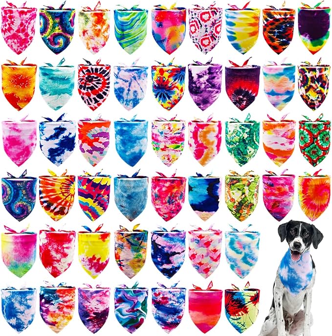 50PCS Dog Bandanas Tie Dye Bulk for Large XL Breed Dog Big Bandanas Pack Kerchief Washable Triangle Bibs Head Scarves Scarfs for Boys and Girls Grooming Accessories Costume
