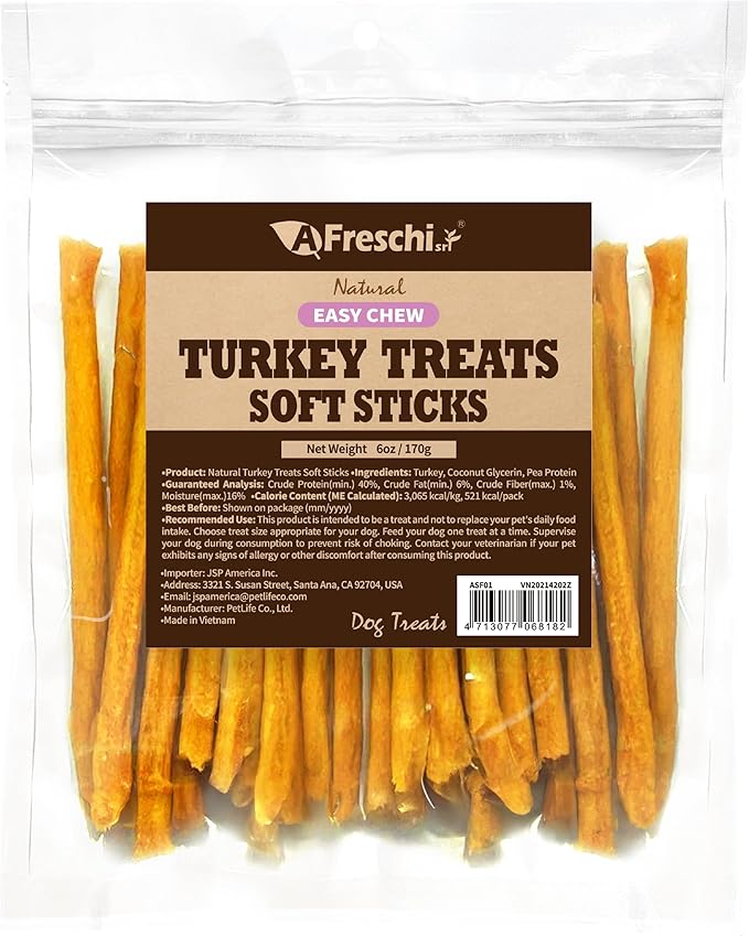 Afreschi Soft Turkey Stick Dog Treats – 6oz, USA-Sourced, All-Natural, Hypoallergenic, High-Protein, Low-Fat, Healthy & Easily Digestible, Puppy & Training Snack