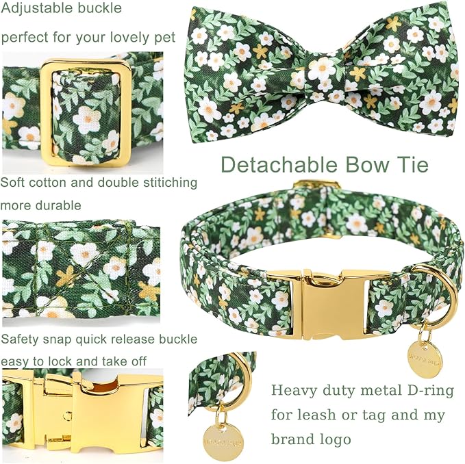 Summer Dog Collar with Bowtie, Lovely Flower Pattern Dog Bow Collar, Detachable Flowers Bowtie Bow Puppy Collars with Adjustable Metal Buckle for Dogs