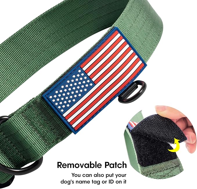 KCUCOP Heavy Duty Dog Collar - Adjustable Tactical Military Dog Collars with Metal Buckle, Quick Release, 2 D-Rings & Flag Patch for Medium & Large Dogs(Green-L)