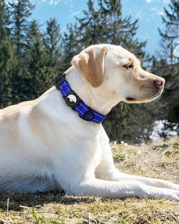 Joytale Airtag Dog Collar, Dual D-Rings, Reflective Pet Collar with Waterproof AirTag Holder, Soft Padded Adjustable for Large Dogs, Navy Blue, L