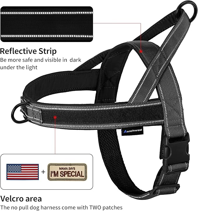 Annchwool No Pull Dog Harness with Soft Padded Handle,Reflective Strip Escape Proof and Quick Fit to Adjust Dog Harness,Easy for Training Walking for Small & Medium and Large Dogs(Black,M)