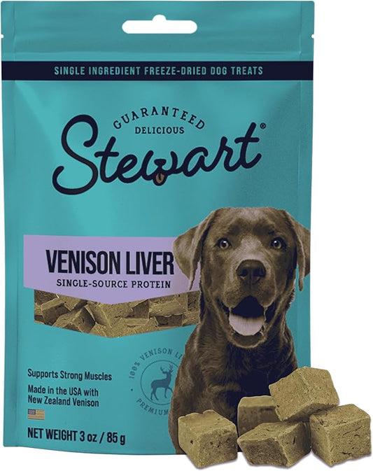 Stewart Single Ingredient Freeze Dried Raw Dog Treats, Venison Liver, 3 Ounce Resealable Pouch, Training Treats or Meal Topper Dogs, High Protein, Grain-Free, Gluten-Free