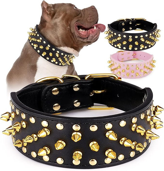 Wide Gold Spiked Dog Collar, Epesiri Dog Chain Collars, Mushroom Rivet PU Leather Dog Collars, Adjustable Durable Spike Studded Pet Collar for Pitbull Mastiff Bulldog Pugs Husky Rottweiler