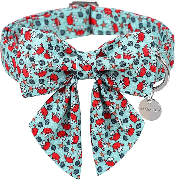 Summer Dog Collar with Bow Tie, Cute Crab Pattern Bowtie Dog Collar, Summer Bowtie Collar for Puppy Boy Girl Dog or Cat, Comfortable Blue Dog Collar with Metal Buckle, M