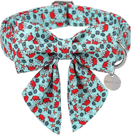 Summer Dog Collar with Bow Tie, Cute Crab Pattern Bowtie Dog Collar, Summer Bowtie Collar for Puppy Boy Girl Dog or Cat, Comfortable Blue Dog Collar with Metal Buckle, M