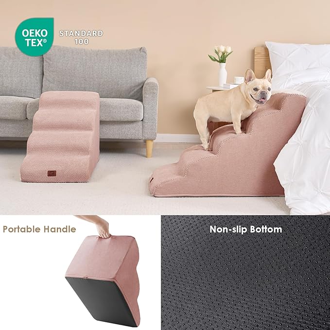 EHEYCIGA Curved Dog Stairs Ramp for High Beds 22.6" H, 5-Step Dog Steps for Small Dogs and Cats, Pet Stairs for High Bed Climbing, Non-Slip Balanced Pet Step Indoor, Dusty Pink