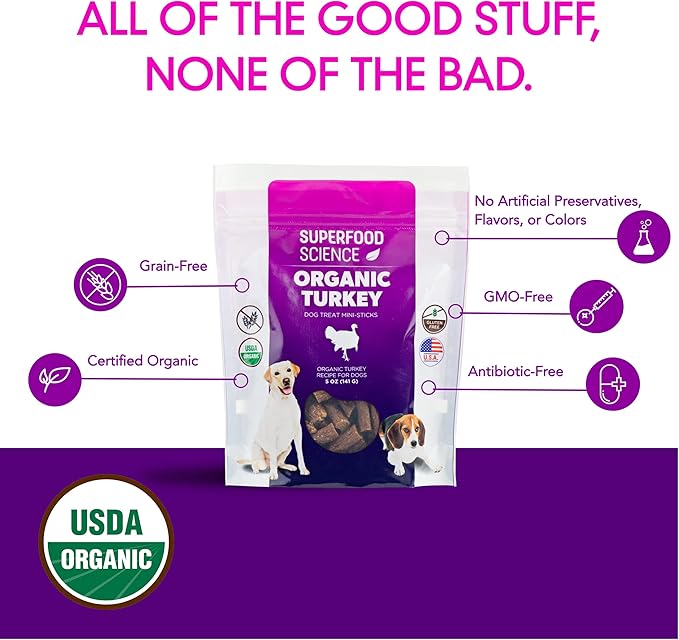Organic Dog Treats for Small, Medium & Large Dogs – Turkey Training Treats for Puppies & Adult Dogs, Grain-Free, Hypoallergenic, All-Natural, Healthy, Low-Calorie, Semi-Soft Chews, Made in USA, 5 oz