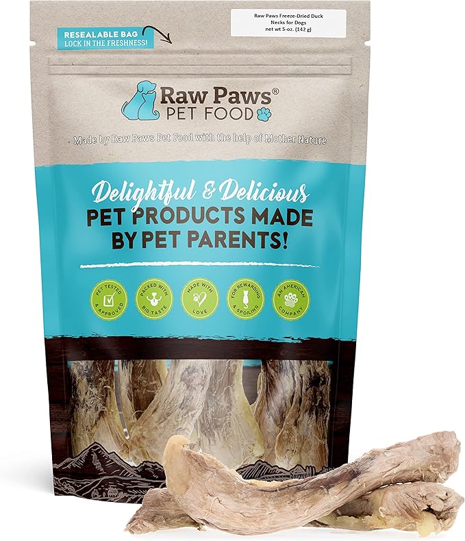 Raw Paws Freeze Dried Duck Necks for Dogs, 5-oz - Made in USA - All Natural Duck Dog Treats - Single Ingredient