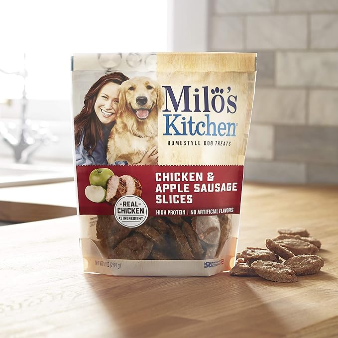 Milo's Kitchen Homestyle Dog Treats, Chicken & Apple Sausage Slices, 10 Ounce (Pack of 5), High Protein, No Artifical Flavors