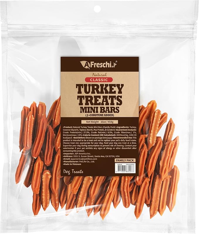 Afreschi Natural Turkey Treats Mini Bars – 16 oz, USA-Sourced, All-Natural, Hypoallergenic, Low-Fat, Healthy & Easily Digestible, Puppy & Training Snack