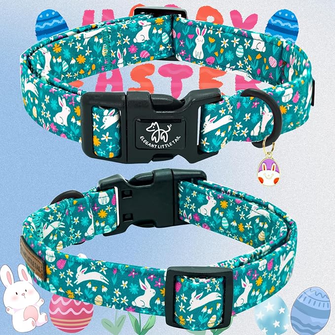 Elegant little tail Easter Dog Collar, Cute Rabbit Pattern Pet Collar Durable Holiday Girl or Boy Adjustable Cotton Pet Collar with Quick Release Buckle for Large Puppy