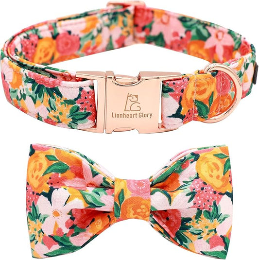 Lionheart glory Premium Floral Dog Collars, Bowtie Dog Collar, Adjustable Heavy Duty Girl Dog Collar with Bow for Large Dogs