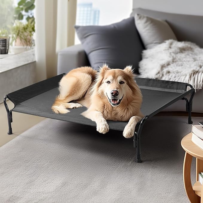 Veehoo Cooling Elevated Dog Bed, XL Raised Pet Cot with Guardrail & Slope Headrest, Durable Breathable Teslin Mesh, Non-Slip Feet, Washable Dog Couch Bed for Indoor & Outdoor, 50.5" x 33.5, Black