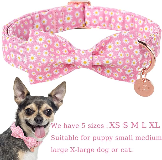 Summer Dog Collar with Bow Tie, Cotton Cute Bowtie Dog Collar, Pink Bowtie Collar for Large Boy Girl Dog, Comfortable Blue Dog Collar with Metal Buckle, L