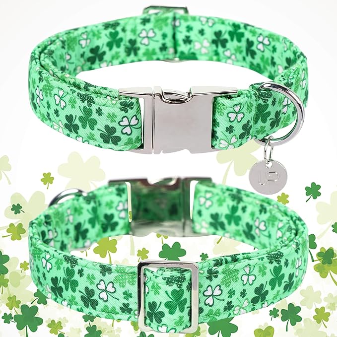 St. Patrick's Dog Collar, Cotton St. Patricks Clover Collar for Puppy Girl Boy Dog or Cat, Lucky Shamrock Dog Collar with Metal Buckle, Green, Spring, M