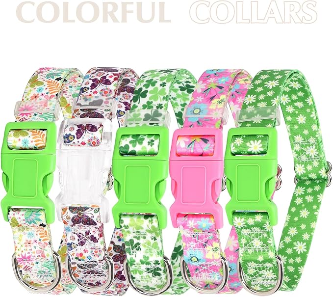 Dog Collars for Small Dogs, Cute Green Dog Collar with Daisy Flowers for Boy Girl Dogs, Adjustable Comfy Soft Pet Collar with Safety Buckle for XS Small Medium Large Dogs(S)