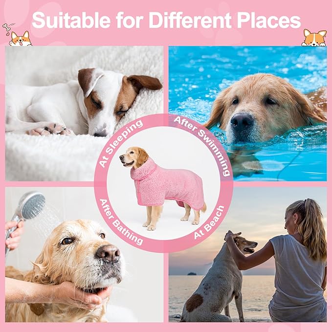 Bienbee Dog Bathrobe, Quick Drying Super Absorbent Dog Robes for After Bath, Warm Keeping Dogs Towel, Dogs Bath Supplies, Pink XXL