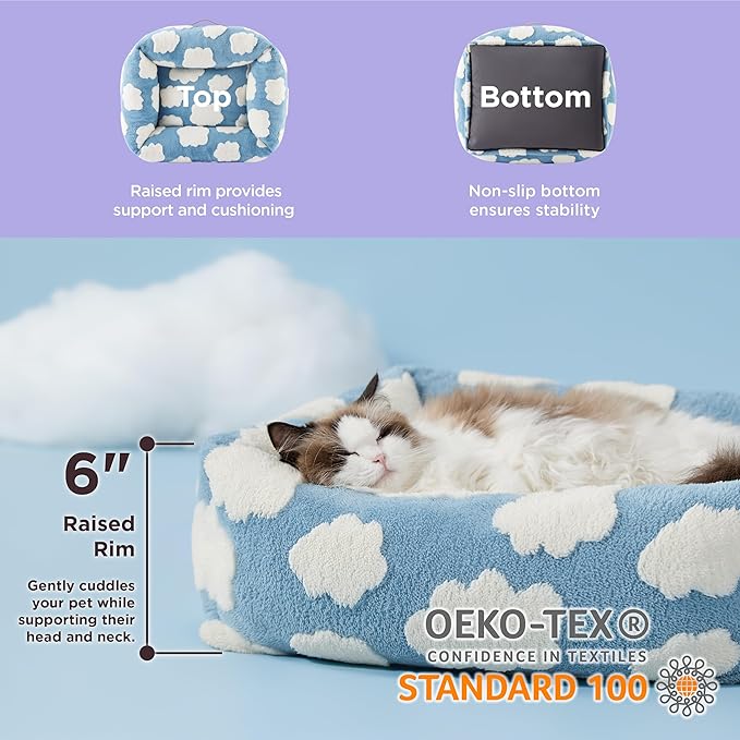 Lesure Cute Cat Beds for Indoor Cats - Washable Kitten Puppy Beds,Cozy Rectangle Orthopedic Pet Sofa with Jacquard Shaggy Plush & Anti Slip Bottom,20x19x6inches