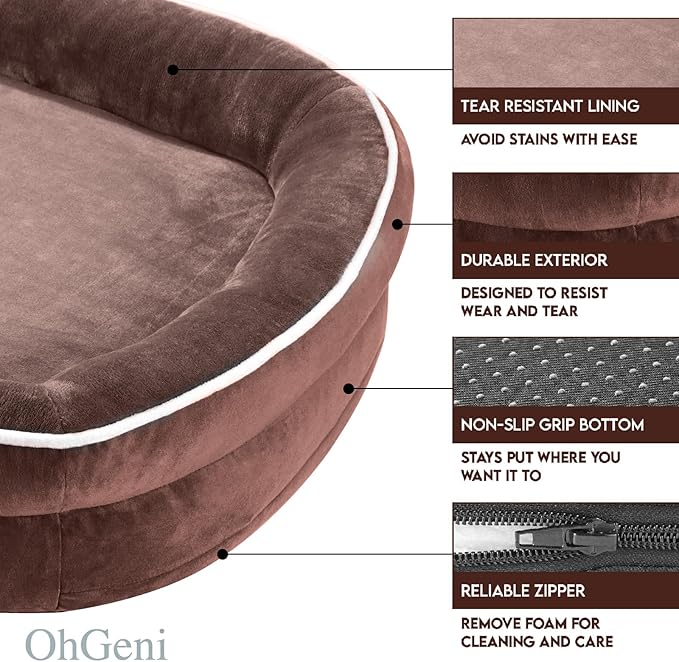 OhGeni Orthopedic Dog Couch Large Sized Pet Beds for Fathers Gifts with Comfort Foam Support, Soft Indestructible Fabric, Machine Washable Waterproof Removable Cover, 35-Inch (Brown)