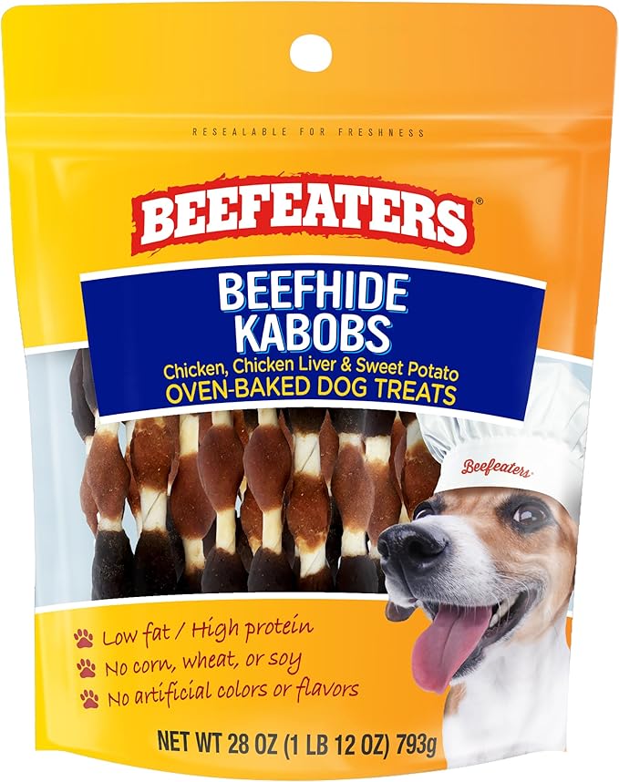 Beefeaters Beefhide Kabobs 28oz – Dog Treat. Triple Flavor with Real Chicken, Liver & Sweet Potato, Long-Lasting Chew, Supports Dental Health, Ideal for Training