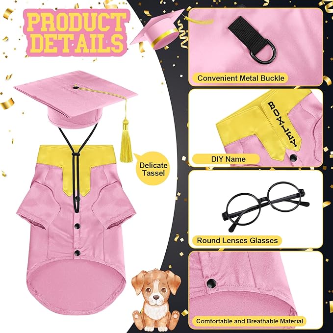 5 Pcs Dog Graduation Costume Set Include 2025 Pet Graduation Gown with Stole Puppy Grad Cap Lensless Glasses DIY Letter Stickers for Dogs Cats Holiday Costume Accessory(Pink Yellow,M)