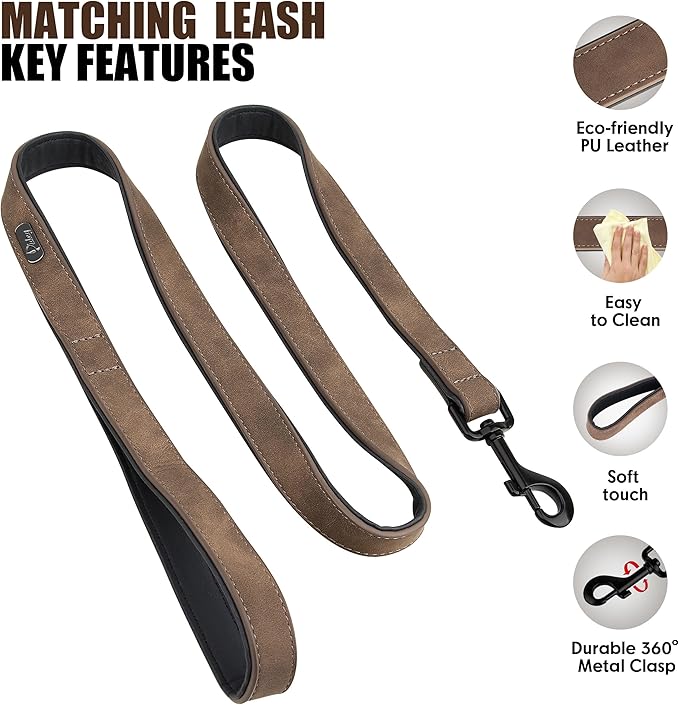 Didog Soft Padded Leather Dog Collar and Leash Set, Heavy Duty Dog Leash and Collar Set with Metal Buckle, Breathable Dog Collars with 4FT Leather Dog Leash for Small Medium Large Dogs, Brown, L