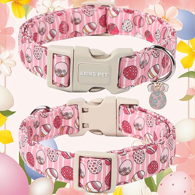 ARING PET Dog Collar - Cute Pink Striped Collar with Easter Eggs, Adjustable Quick Release Buckle for Girl & Boy Dogs
