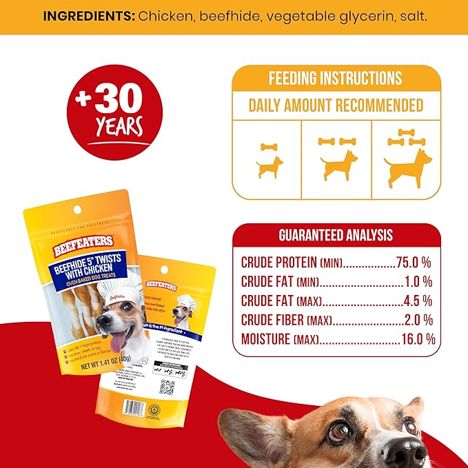 Beefeaters Dog Treats - Beefhide 5in Twist with Chicken 1.41oz, Case of 12 | High Protein, Low Fat, Enriched with Vitamins & Minerals | Promotes Clean Teeth | Dog Training Treats for All Dog Sizes