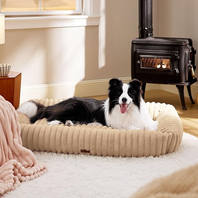 Bedsure Washable Dog Bed for Medium Dogs - Cute Furry Puppy Beds, Rectangle Orthopedic Corduroy Fleece Pet Beds with Removable Zipper Cover, 43x30x8inches, Sandy Tan