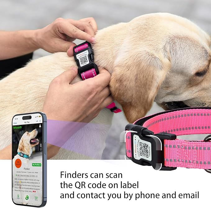 Dog Collar with QR Code, Reflective Dog Collar, Soft Neoprene Padded & Safety Locking Buckle Adjustable Pet Collar (Rose, XS-with Airtag Holder)
