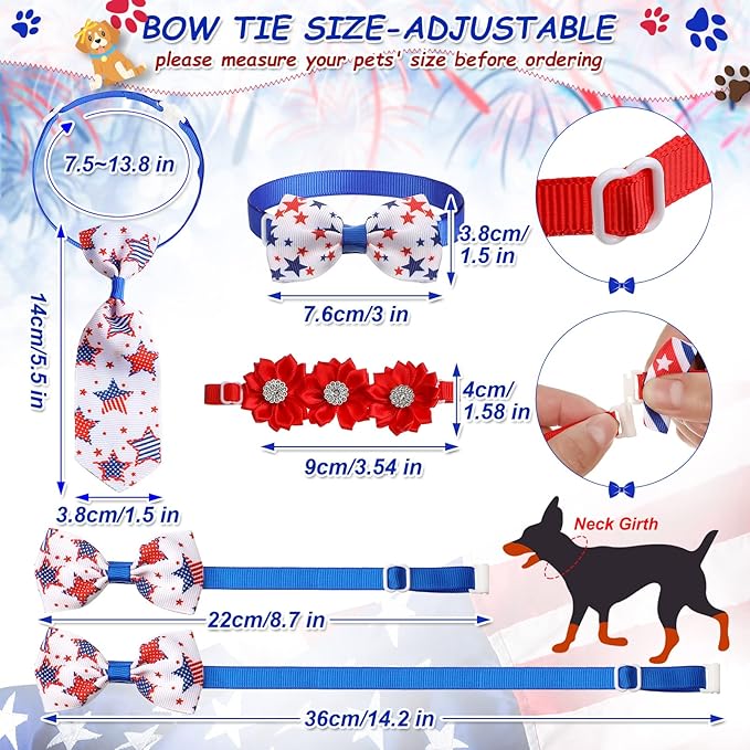 50 Pcs Dog Collar Bows Ties Set Patriotic Memorial Day 4th of July, Bow Flowers Charms Grooming for Small Medium Large Dogs Cats Collar Independence Day Party Decoration Costume Supplies