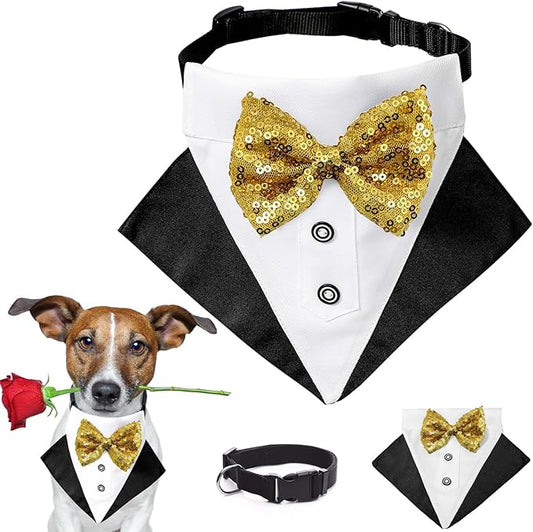Tuxedo Costume Wedding Bandana Nylon Collar Suit With Gold Bow Tie Adjustable Black Tux Formal Dog Clothes for Small Medium Large Pet Birthday Christmas Dress Outfits