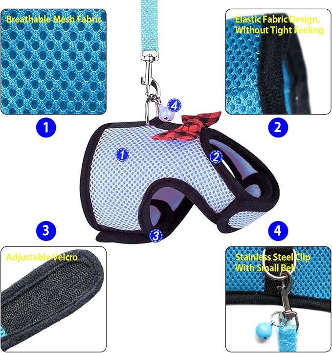 Rypet Guinea Pig Harness and Leash 2 Pieces - Soft Mesh Small Pet Harness with Safe Bell, No Pull Comfort Padded Vest for Guinea Pigs, Ferret, Chinchilla and Similar Small Animals