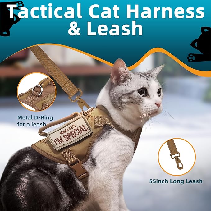 Tactical Cat Harness and Leash Khaki for Walking Esacpe Proof, Adjustable Soft Mesh Large Cat Vest with Handle Easy to Control,Molle Patches L